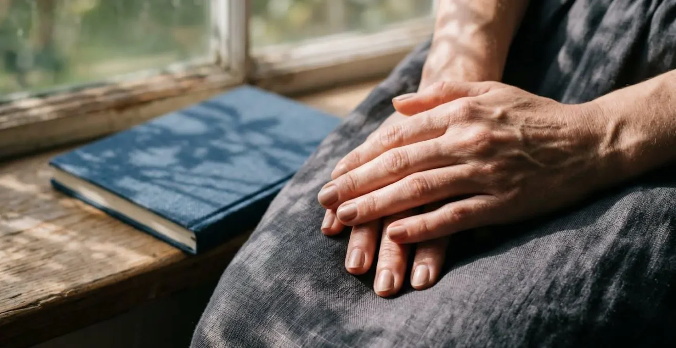 Femme assise paisiblement près d'une fenêtre, regard perdu dans le vague, carnet fermé à côté d'elle, atmosphère minimaliste