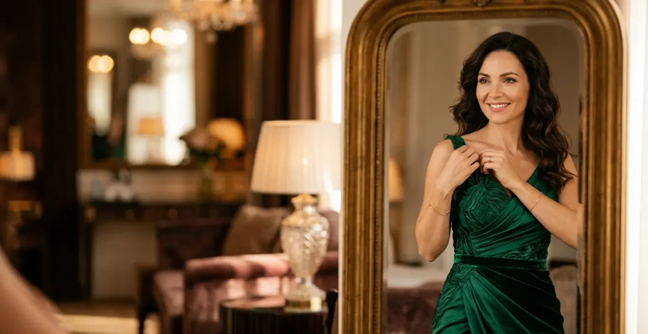 Femme élégante portant une robe de soirée de location dans un environnement chic