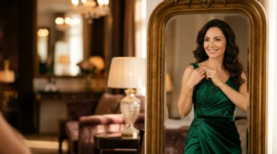 Femme élégante portant une robe de soirée de location dans un environnement chic