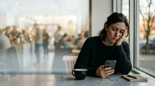 Femme assise dans un café regardant son smartphone avec lassitude, entourée d'icônes de notifications floues