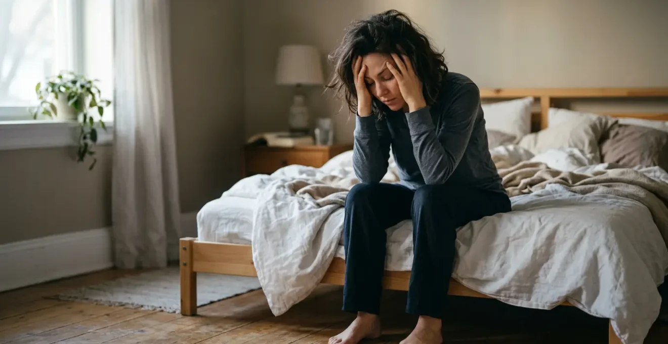 Femme assise au bord du lit au réveil matinal, expression de fatigue malgré une nuit complète