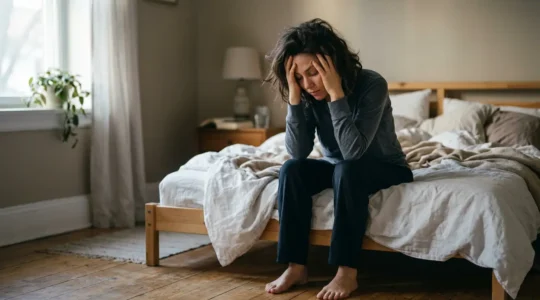 Femme assise au bord du lit au réveil matinal, expression de fatigue malgré une nuit complète