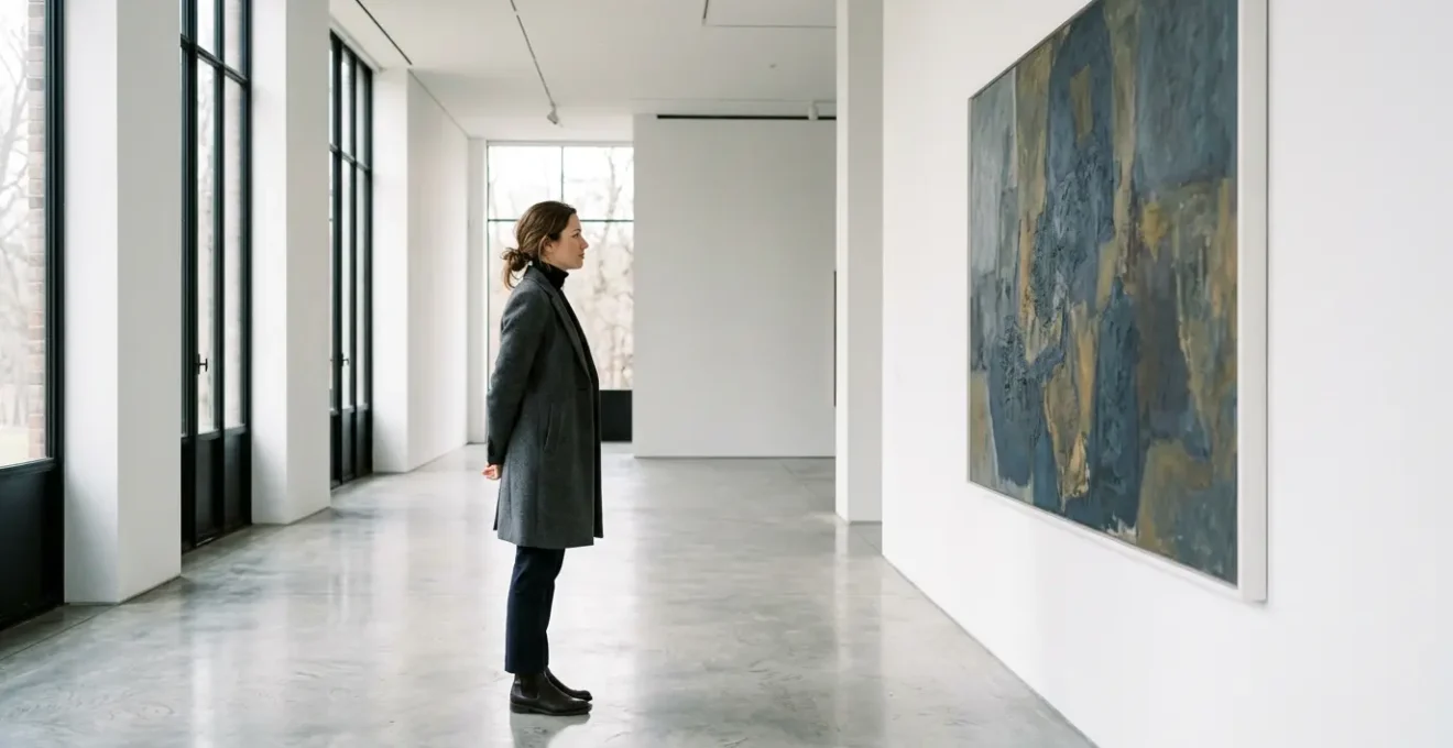 Femme contemplant une œuvre d'art dans une galerie, vue de profil dans une ambiance minimaliste