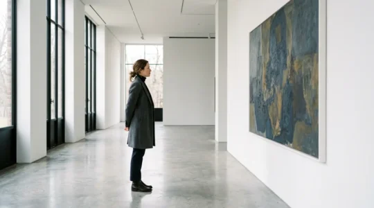 Femme contemplant une œuvre d'art dans une galerie, vue de profil dans une ambiance minimaliste