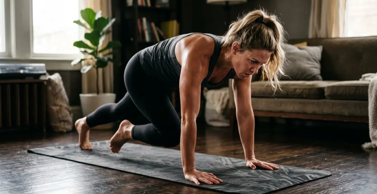 Femme réalisant des exercices HIIT silencieux dans son salon