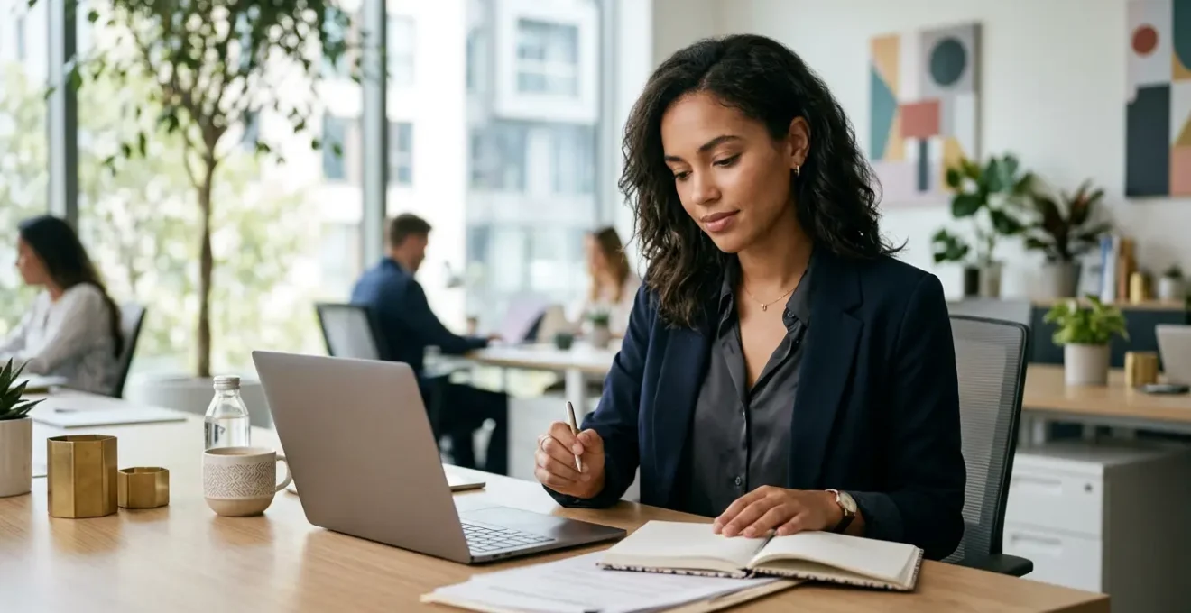 Femme professionnelle réfléchie préparant ses arguments pour une négociation salariale