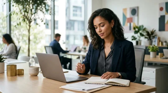 Femme professionnelle réfléchie préparant ses arguments pour une négociation salariale