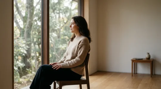 Portrait d'une femme tournant le dos à son smartphone posé loin d'elle, contemplant par la fenêtre un paysage naturel apaisant dans une lumière dorée