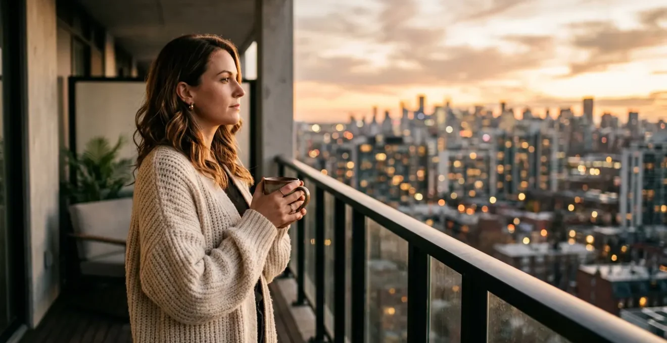 Portrait d'une femme contemplative regardant vers l'horizon depuis un balcon au coucher du soleil, symbolisant la renaissance après une rupture