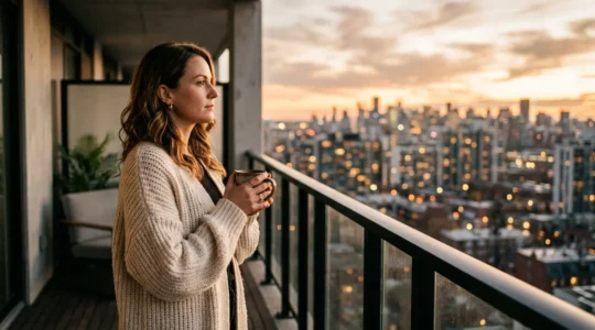 Portrait d'une femme contemplative regardant vers l'horizon depuis un balcon au coucher du soleil, symbolisant la renaissance après une rupture