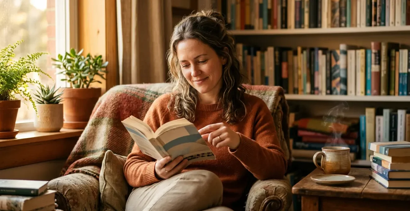 Femme paisible lisant un livre papier dans un intérieur chaleureux avec tasse de thé