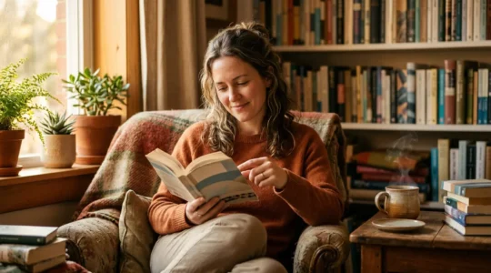 Femme paisible lisant un livre papier dans un intérieur chaleureux avec tasse de thé