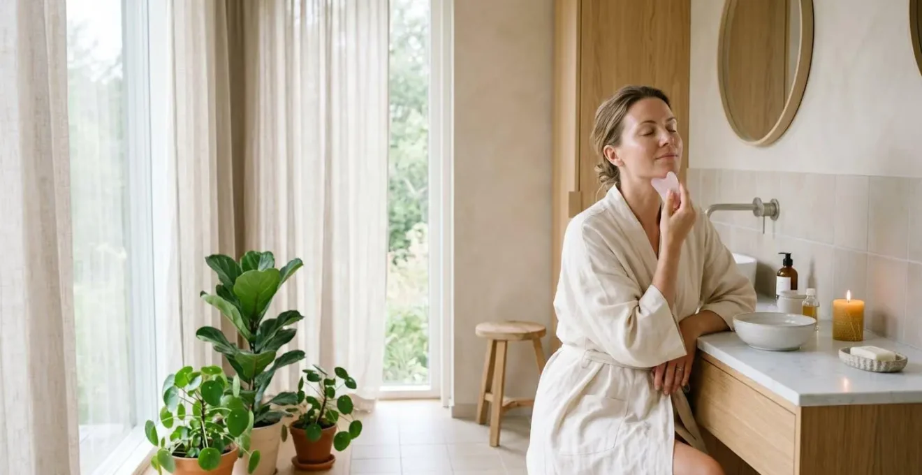 Femme pratiquant un auto-massage facial avec un gua sha en quartz rose