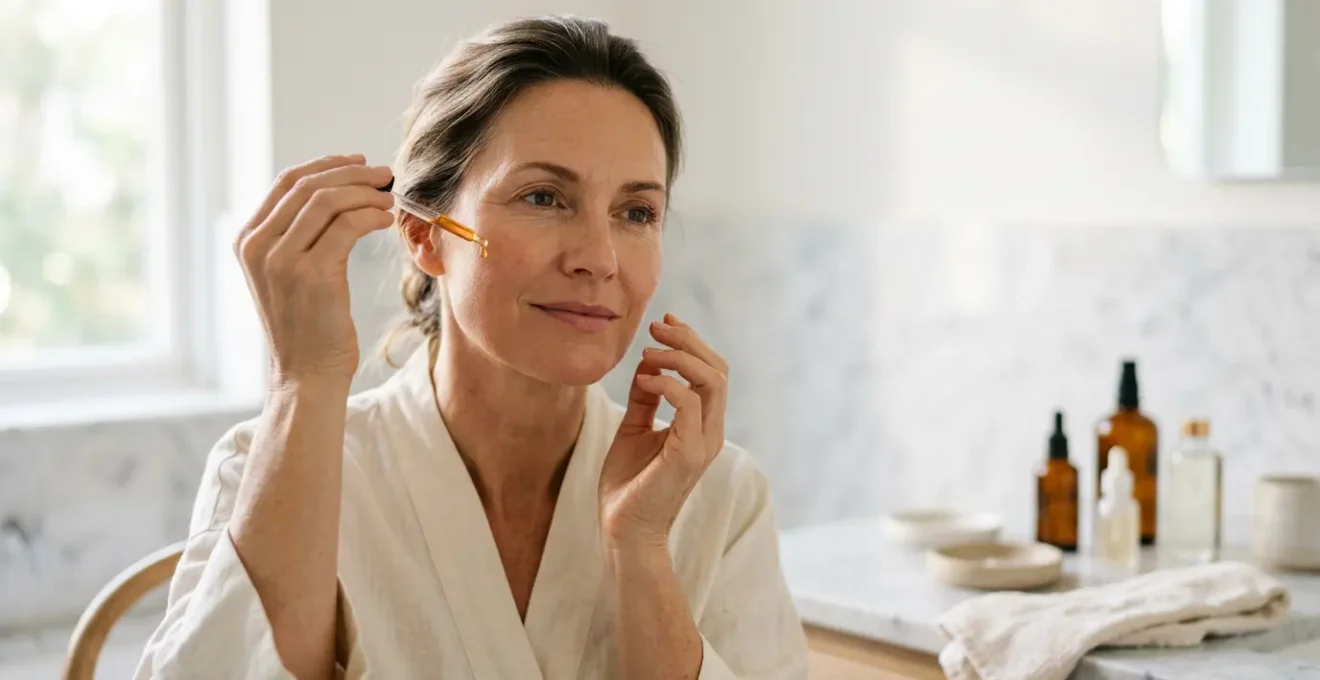 Femme appliquant un sérum anti-âge sur son visage dans une salle de bain lumineuse