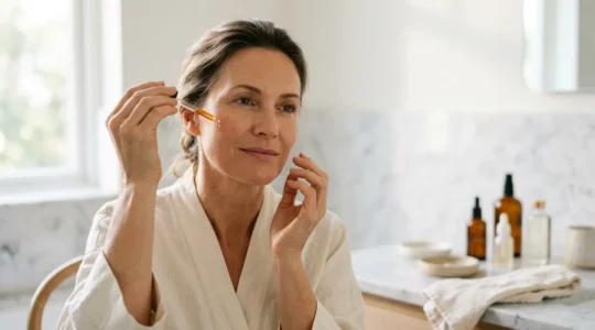 Femme appliquant un sérum anti-âge sur son visage dans une salle de bain lumineuse