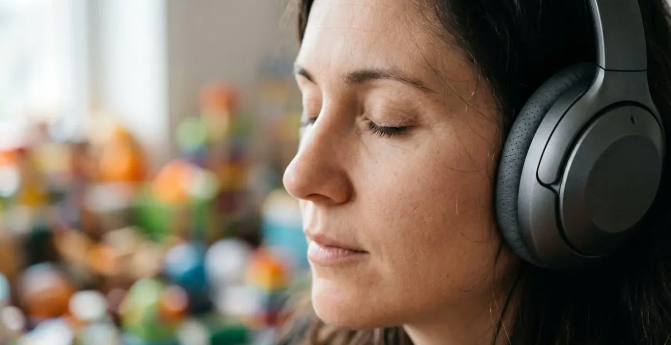 Femme assise en position de méditation avec un casque audio, yeux fermés, dans un salon avec des jouets flous en arrière-plan