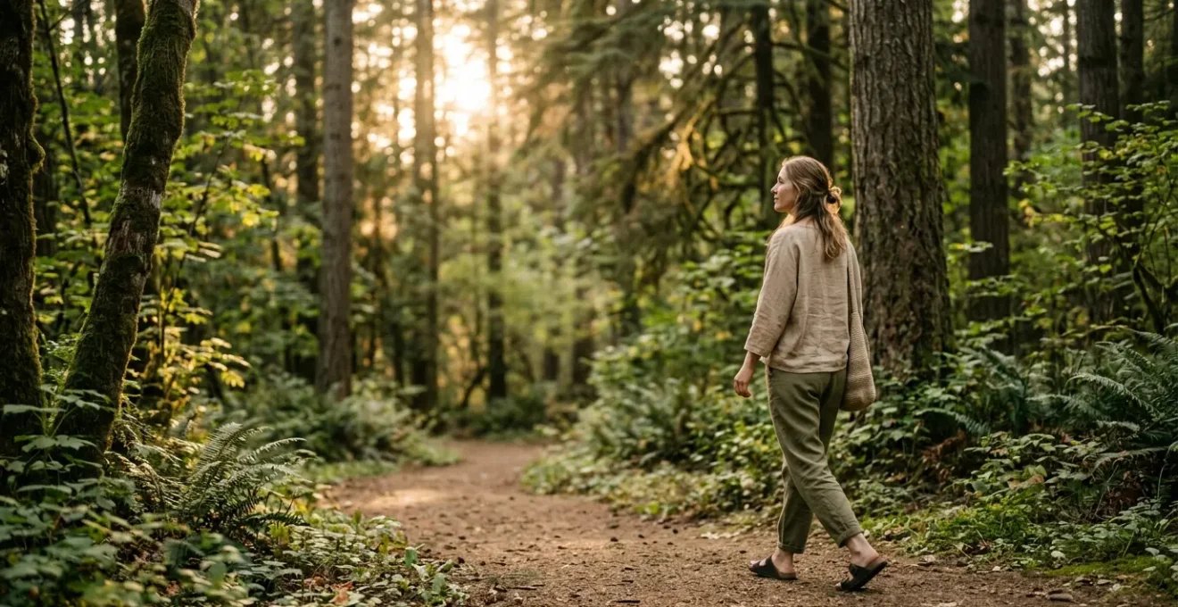 Femme pratiquant la méditation en marchant dans un environnement naturel apaisant