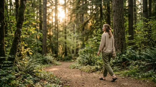 Femme pratiquant la méditation en marchant dans un environnement naturel apaisant