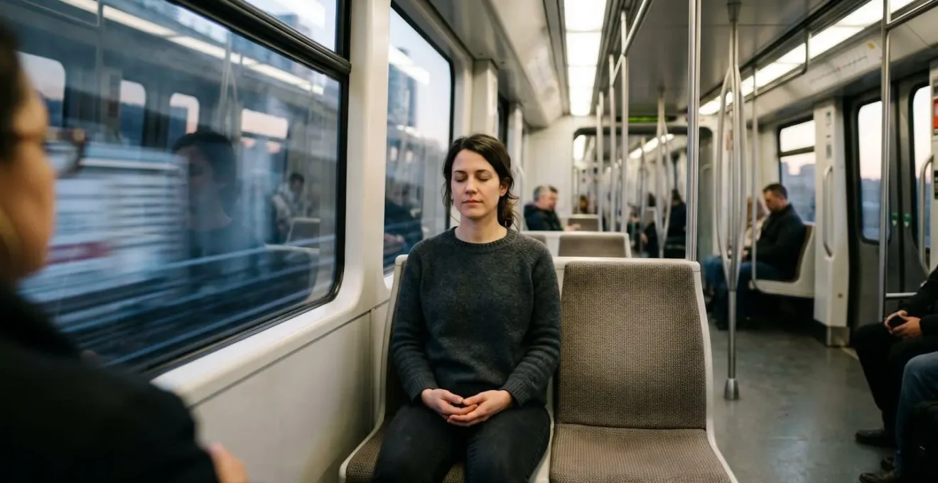 Femme pratiquant discrètement le scan corporel dans le métro