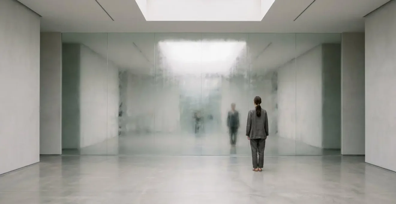 Femme de dos face à une surface réfléchissante floue dans un espace minimaliste