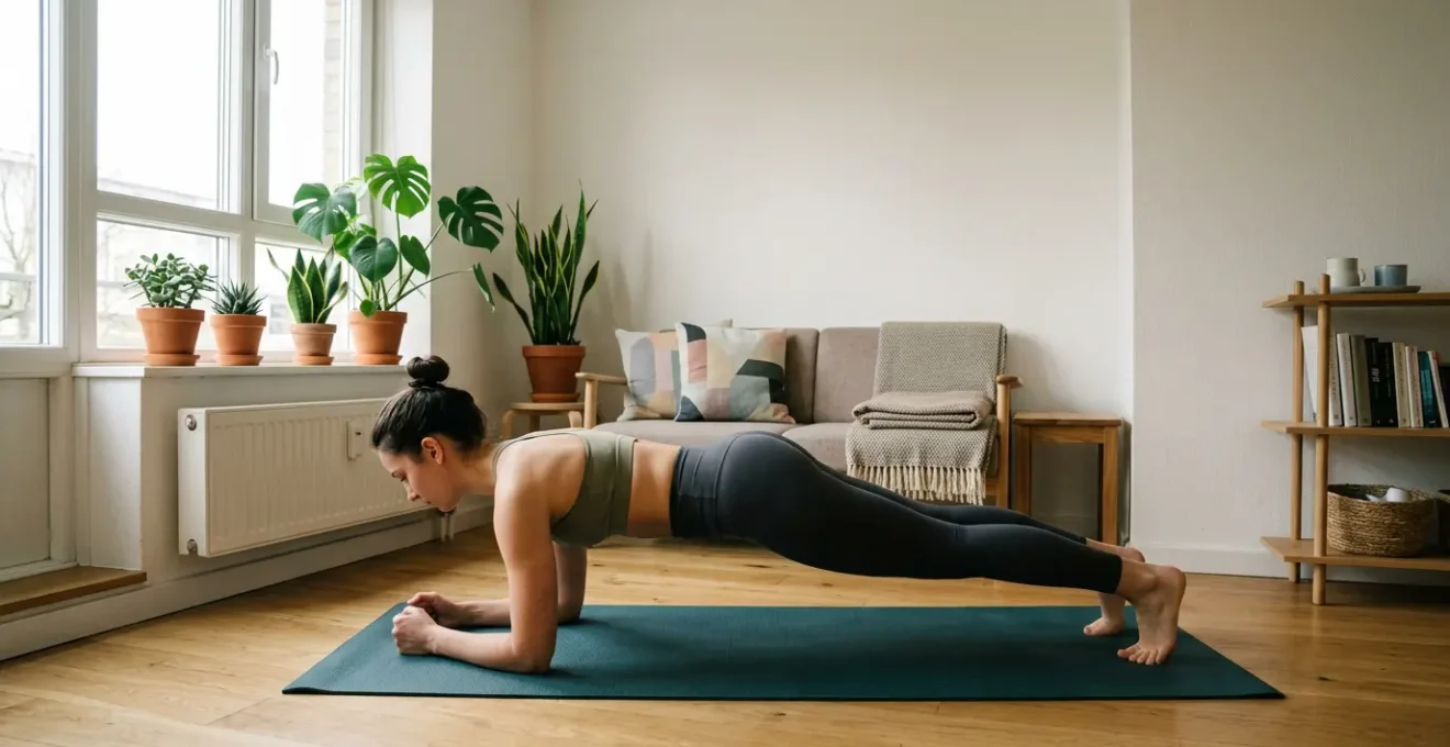 Femme pratiquant des exercices de musculation dans un petit appartement lumineux