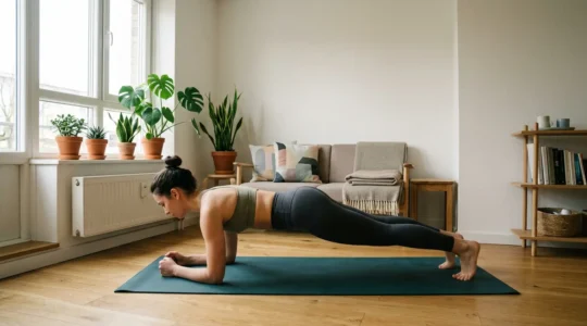 Femme pratiquant des exercices de musculation dans un petit appartement lumineux
