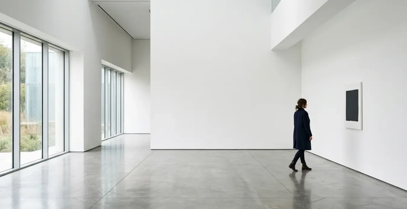 Femme contemplant seule une œuvre d'art dans un musée épuré et lumineux