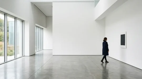 Femme contemplant seule une œuvre d'art dans un musée épuré et lumineux