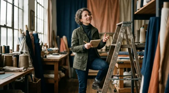 Femme petite portant un blazer oversize structuré avec pantalon ajusté taille haute