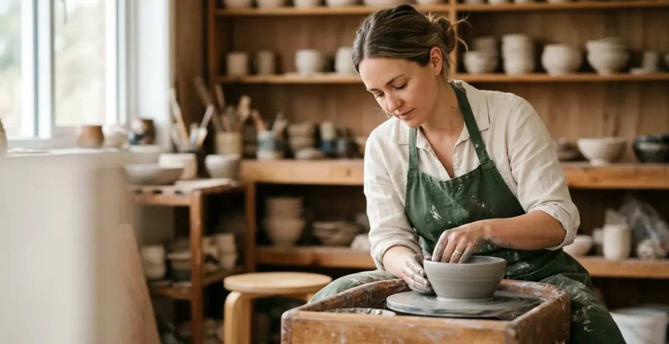 Femme concentrée modelant de l'argile dans un atelier lumineux, moment de méditation créative