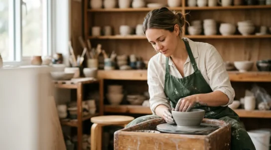 Femme concentrée modelant de l'argile dans un atelier lumineux, moment de méditation créative