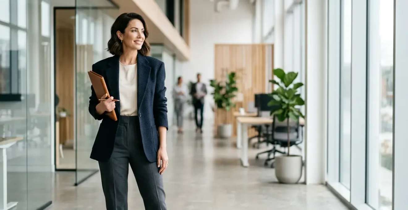 Femme élégante en tenue professionnelle moderne dans un open-space lumineux