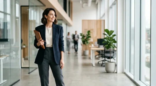 Femme élégante en tenue professionnelle moderne dans un open-space lumineux