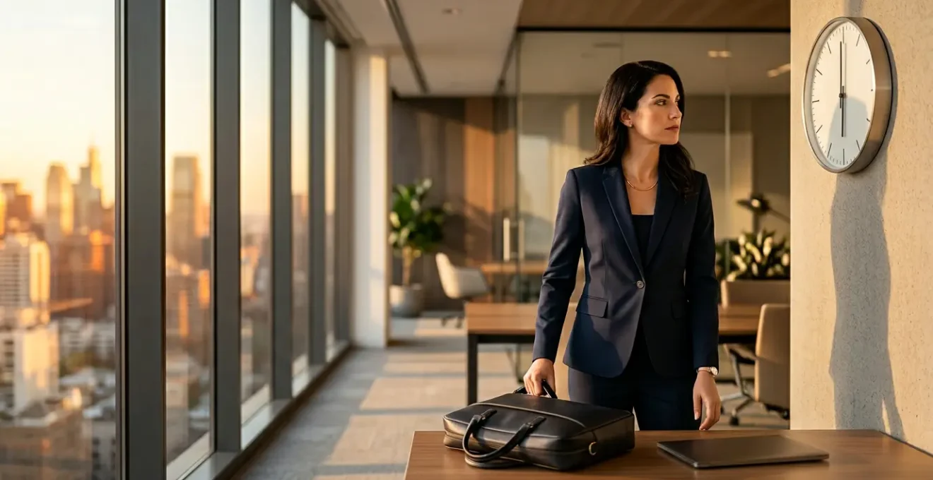 Femme professionnelle en tailleur moderne regardant avec assurance une horloge murale indiquant 18h dans un bureau contemporain baigné de lumière dorée