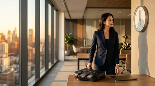 Femme professionnelle en tailleur moderne regardant avec assurance une horloge murale indiquant 18h dans un bureau contemporain baigné de lumière dorée