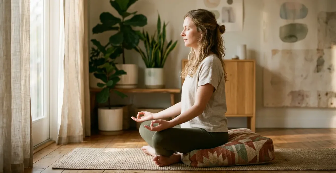 Femme en position de méditation pratiquant la respiration profonde dans un espace lumineux et apaisant