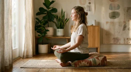 Femme en position de méditation pratiquant la respiration profonde dans un espace lumineux et apaisant