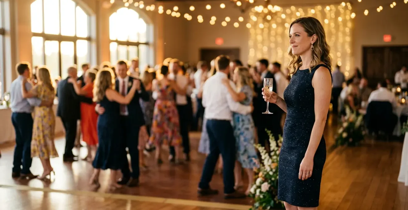 Femme élégante seule au buffet d'un mariage regardant les couples danser