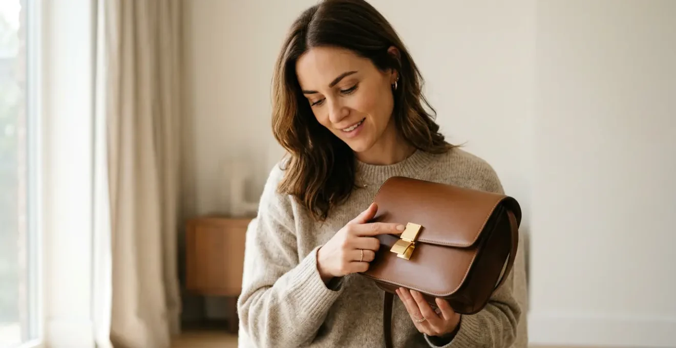 Femme élégante examinant un sac de luxe vintage dans un intérieur lumineux
