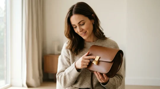 Femme élégante examinant un sac de luxe vintage dans un intérieur lumineux
