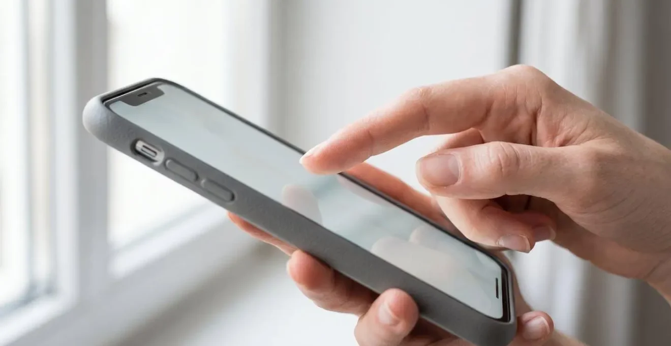 Femme tenant son smartphone de profil, doigt suspendu au-dessus de l'écran dans un geste de décision