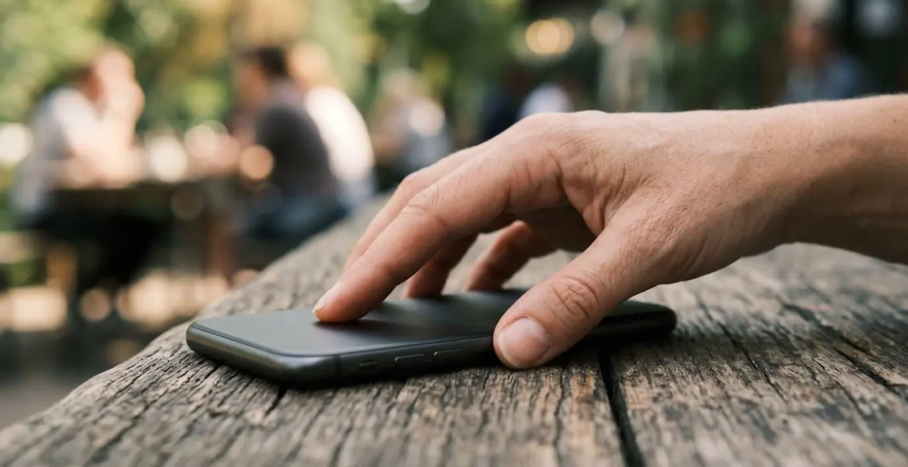 Femme posant son téléphone avec soulagement, regard vers l'horizon