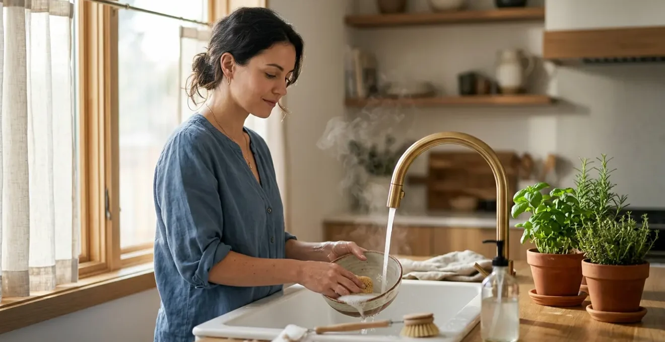 Femme pratiquant la pleine conscience en faisant la vaisselle dans une cuisine lumineuse