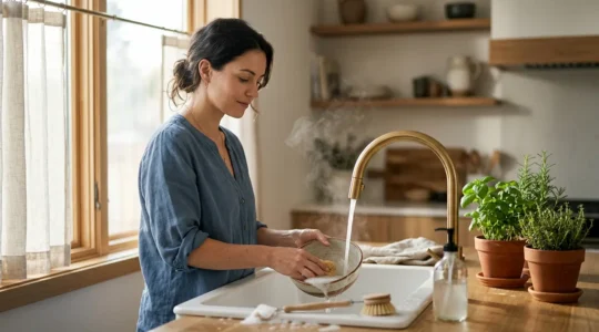 Femme pratiquant la pleine conscience en faisant la vaisselle dans une cuisine lumineuse