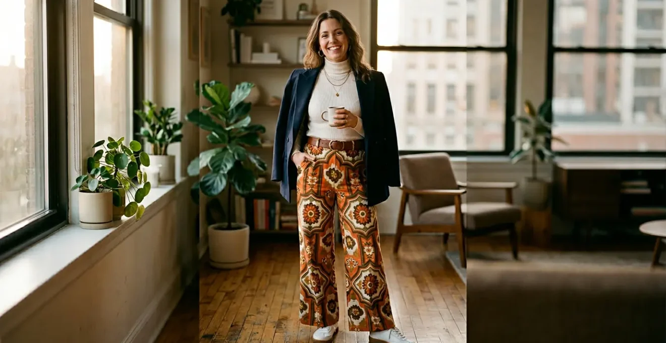 Femme moderne portant des imprimés vintage des années 70 avec accessoires contemporains dans un décor urbain