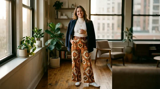 Femme moderne portant des imprimés vintage des années 70 avec accessoires contemporains dans un décor urbain