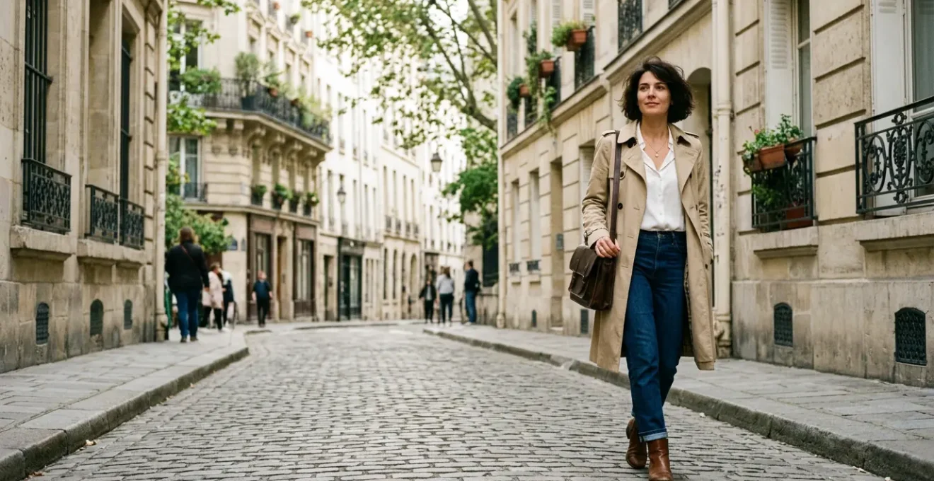 Une femme parisienne moderne dans une rue pavée de Paris avec le style French Touch décontracté chic