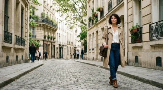 Une femme parisienne moderne dans une rue pavée de Paris avec le style French Touch décontracté chic