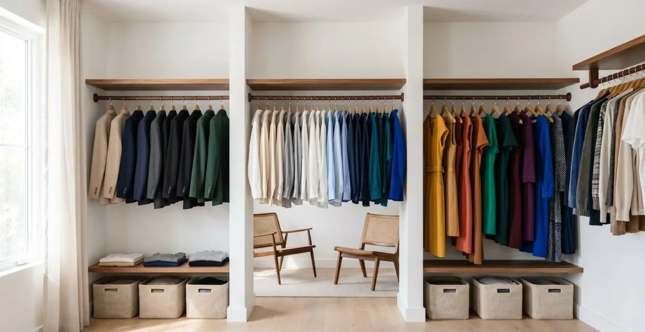 Garde-robe ouverte montrant un système organisé de vêtements professionnels coordonnés par couleurs et styles