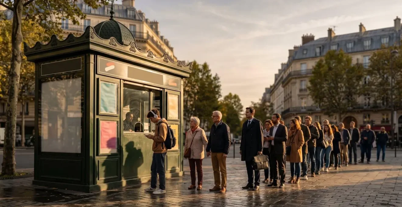File d'attente devant un kiosque théâtre parisien avec des personnes de tous âges consultant les programmes